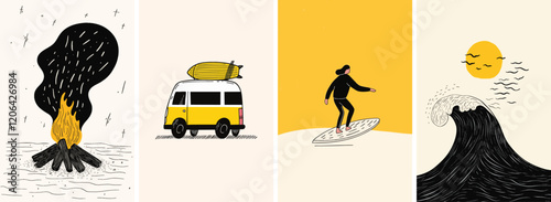 Hand drawn whimsical style summer surfing illustrations