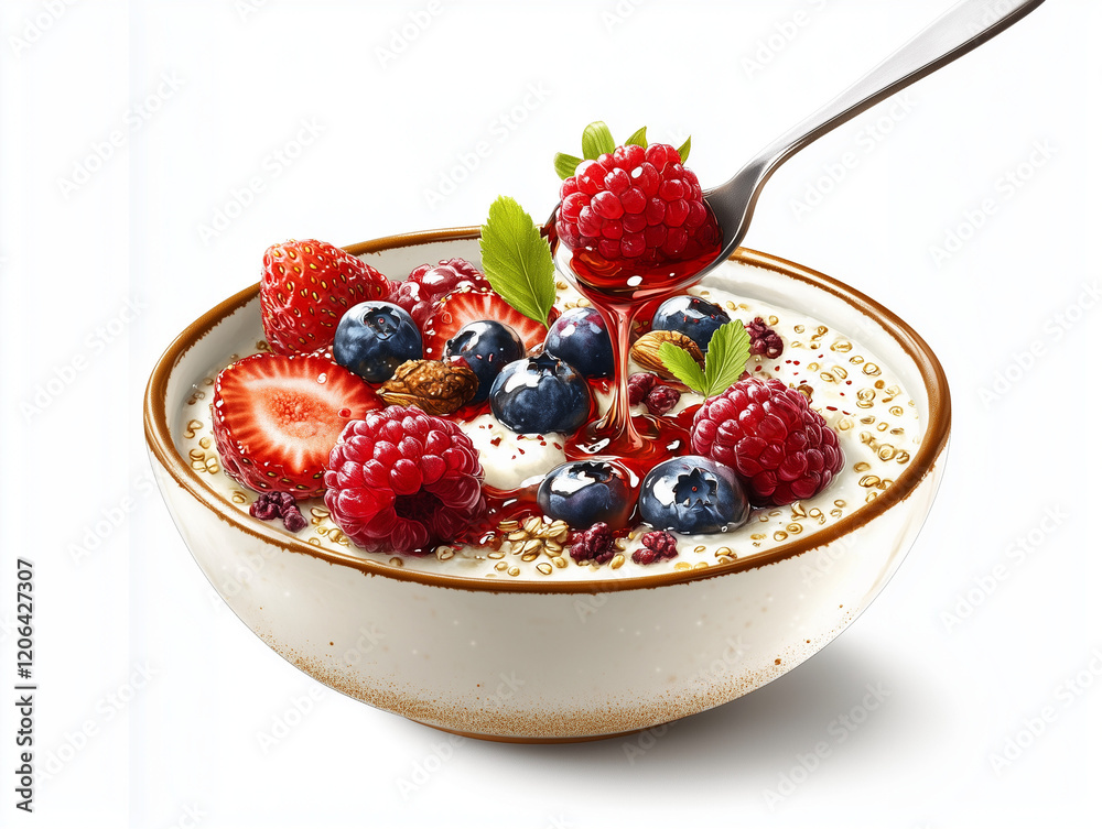 Bowl of yogurt with fresh berries, nuts, and honey drizzle. Bowl of yogurt with fresh berries, nuts, and honey drizzle.