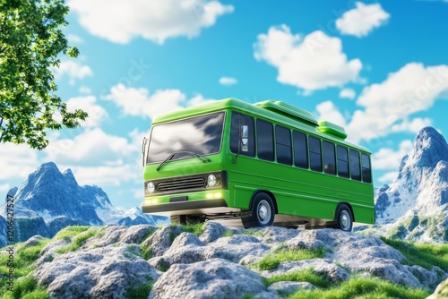 A vibrant green bus parked on rocky terrain, surrounded by mountains under a bright blue sky with fluffy clouds. photo