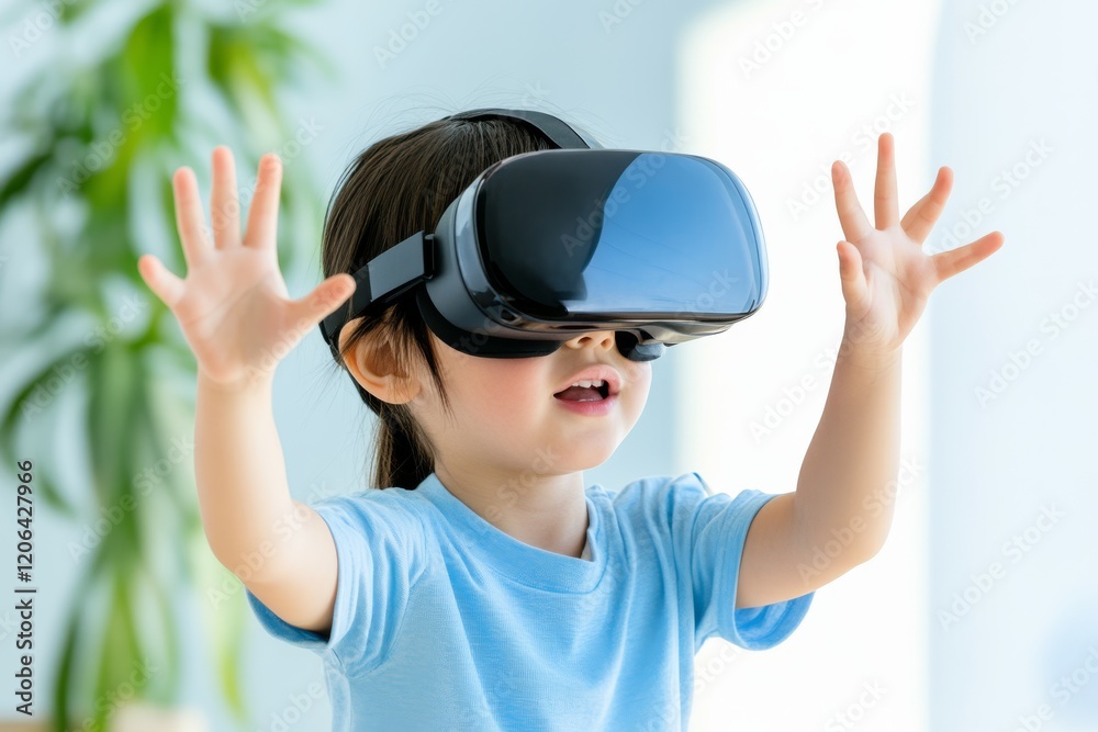 A young child is wearing a virtual reality headset, reaching out with both hands, seemingly engaged in an immersive digital experience.