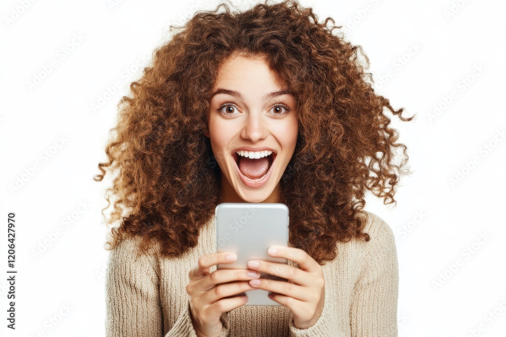 A joyful young woman with curly hair excitedly holds a smartphone, expressing happiness and enthusiasm. A joyful young woman with curly hair excitedly holds a smartphone, expressing happiness and enthusiasm.