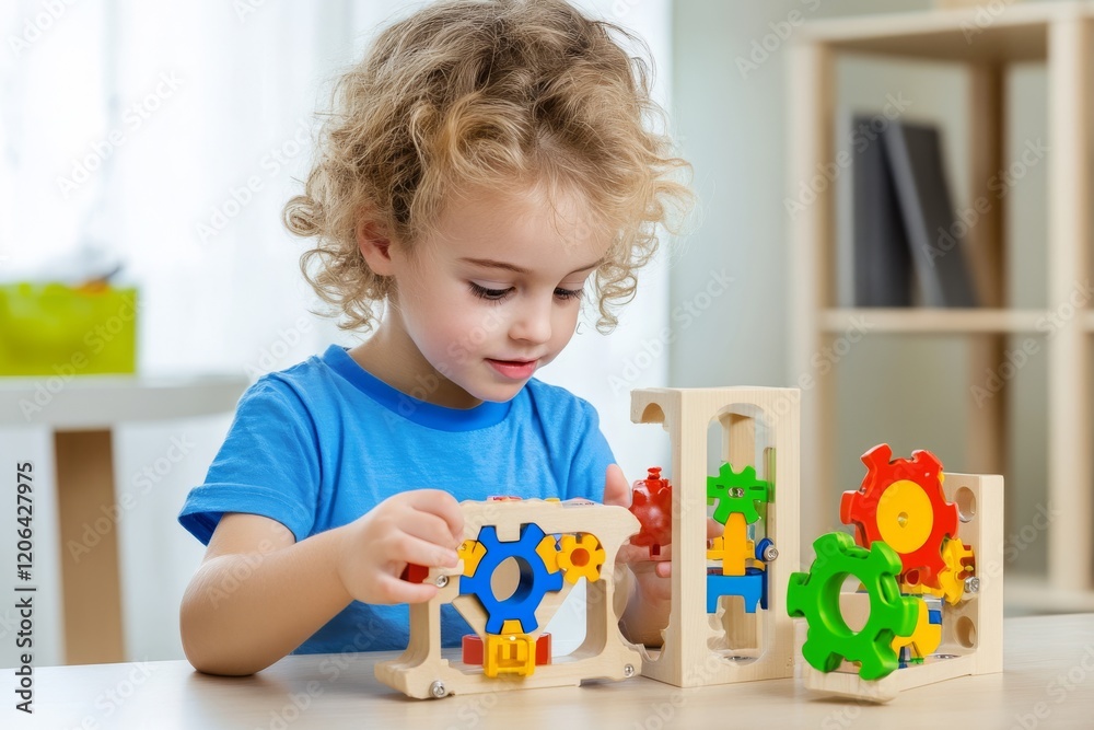 Fototapeta premium A young child engages with colorful gear toys, promoting creativity and fine motor skills in a bright, playful environment.