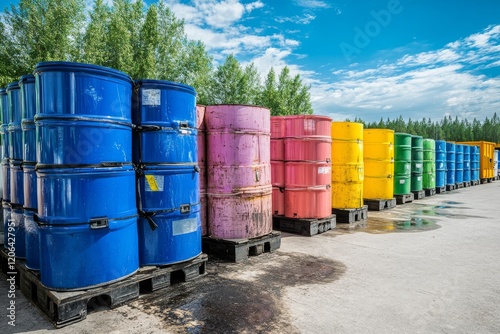 A vibrant array of stacked barrels in various colors, arranged neatly under a bright sky, showcasing industrial storage and organization. photo