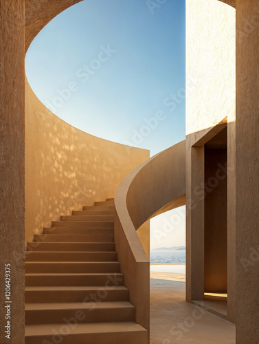 Golden Curved Staircase Overlooking the Aegean Sea