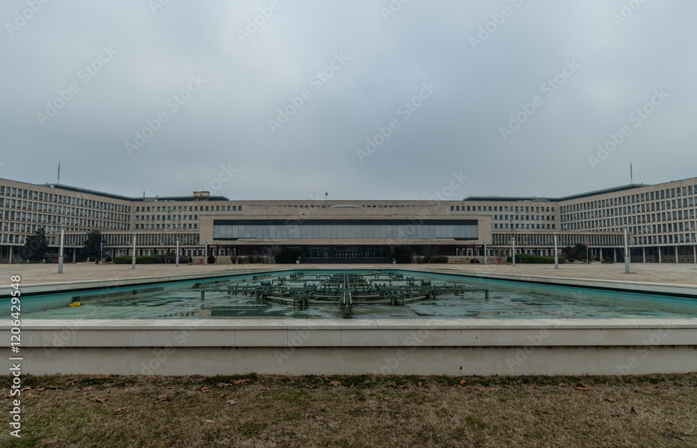 Front view of the Palace of Serbia building in New Belgrade, Serbia, in winter