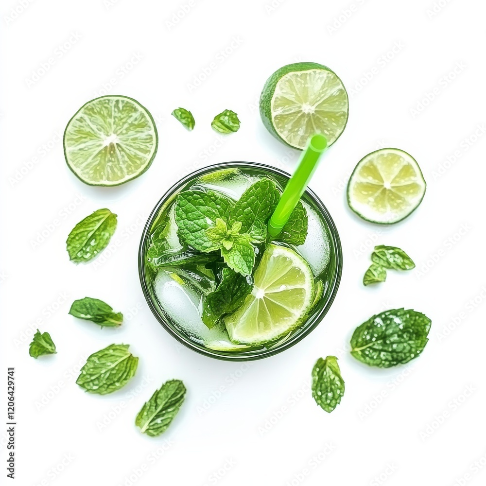 A refreshing and herbal Mojito cocktail with muddled mint leaves, lime wedges, rum A refreshing and herbal Mojito cocktail with muddled mint leaves, lime wedges, rum