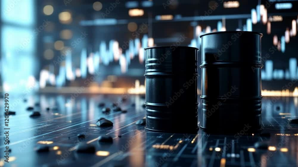 Dark oil barrels on financial chart background with stock market data. Trading and commodity price analysis visualization. Energy sector market dynamics