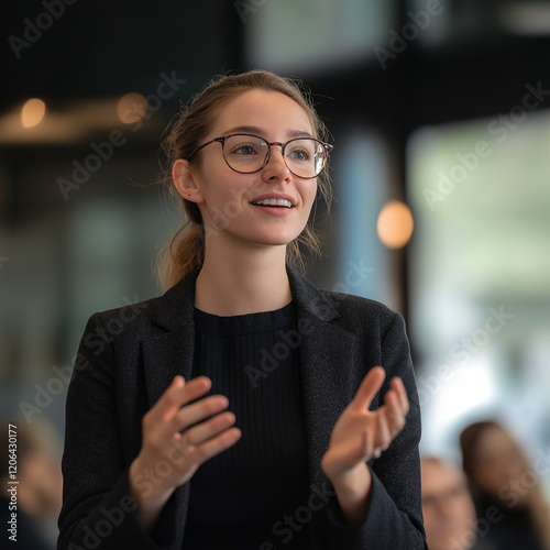 Engaging public speaking event modern conference hall professional presentation informal setting close-up view empowering communication photo