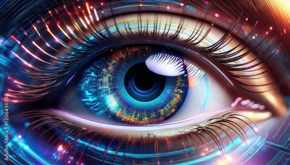 artistic eye representation with holographic designs reflecting futuristic technology