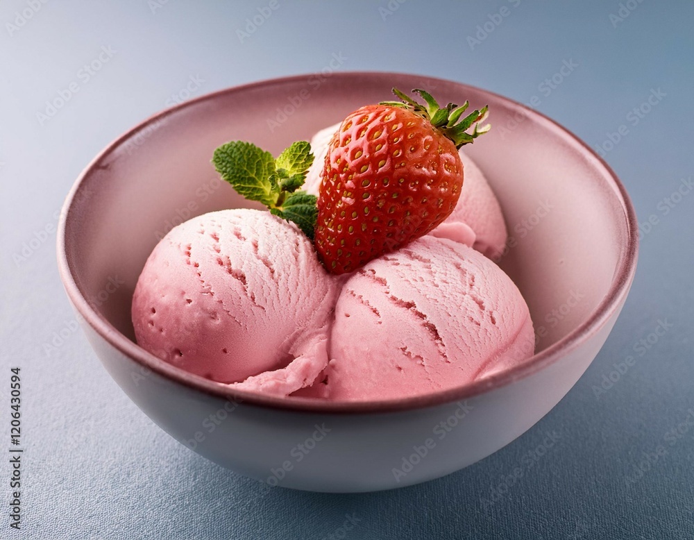 delicate pink ice cream with strawberry in a bowl