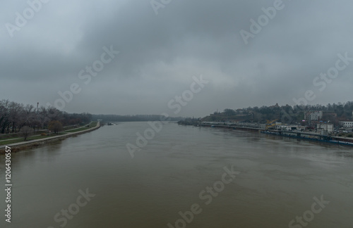 Scenic Belgrade vista viewed from the Brankov Bridge over Sava river in winter, Serbia photo