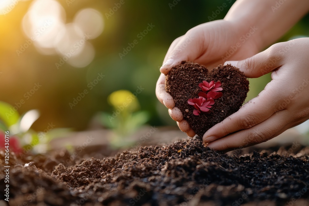 A person's hands nurture a heart-shaped patch of soil containing vibrant flowers, symbolizing love for nature and the act of giving back to the earth.