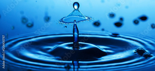 Blue drop of water falling on the surface, a spray of small drops around_