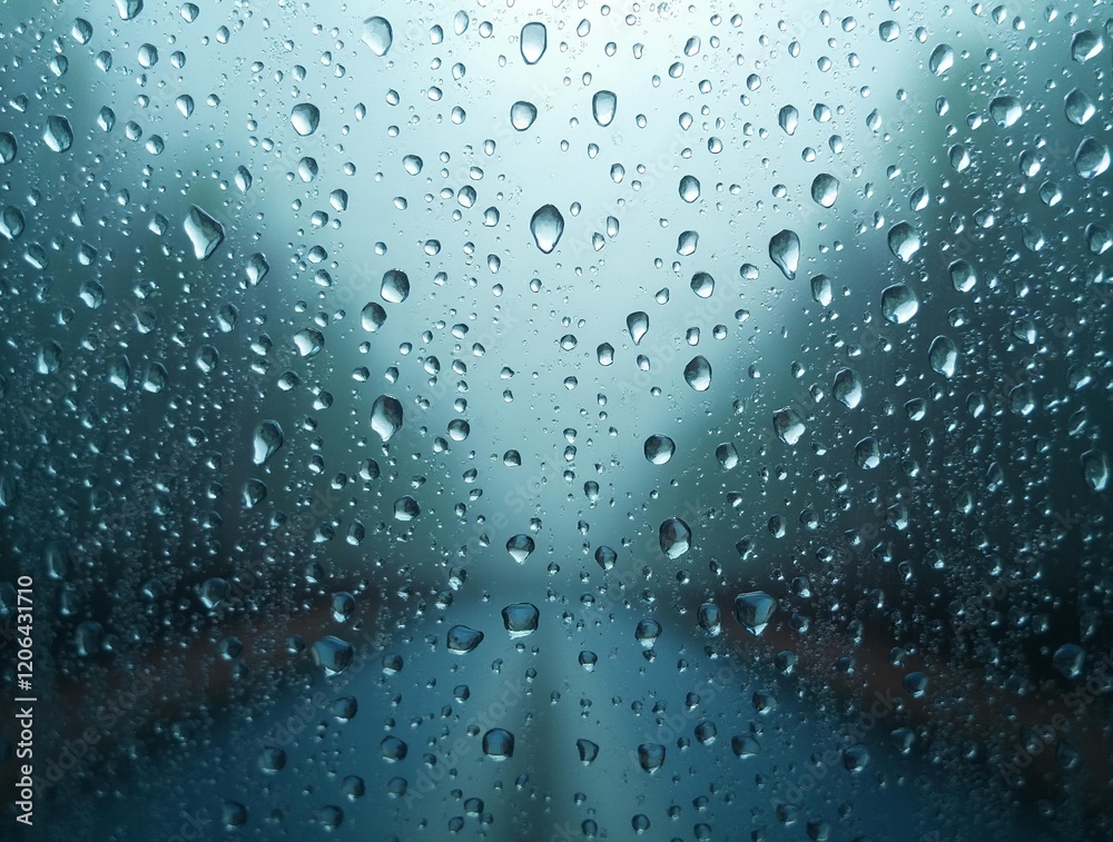 Close-up of water droplets on glass, blurring the background.
