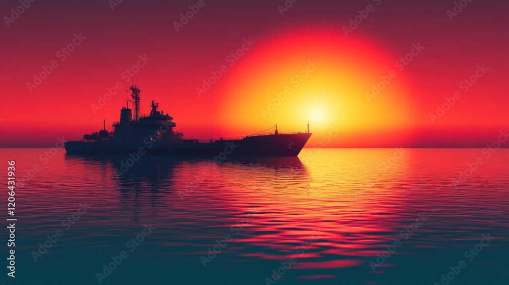 Silhouette of a naval ship against a vibrant sunset over calm ocean waters Silhouette of a naval ship against a vibrant sunset over calm ocean waters
