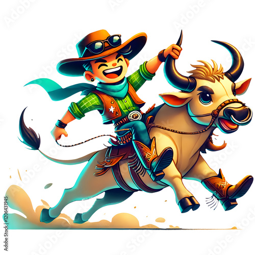 Cartoon Cowboy Riding a Bull on Transparent Background photo