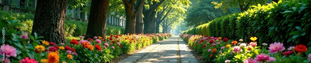 Stone alley lined with towering trees and colorful flowers along the sides, greenery, flowers, landscape Stone alley lined with towering trees and colorful flowers along the sides, greenery, flowers, landscape