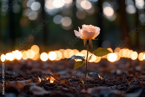 A stunning rose is bathed in a soft glow, standing elegantly against blurred lights that evoke a romantic and peaceful ambiance in a serene woodland setting. photo