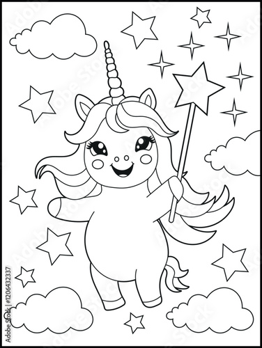 Illustration of a cute baby unicorn cartoon character. Black and white Printable Unicorn coloring page for kids.