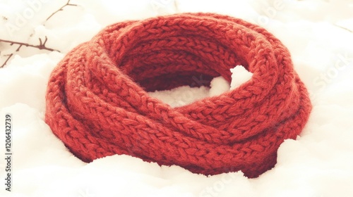 Red knitted scarf in snow.
