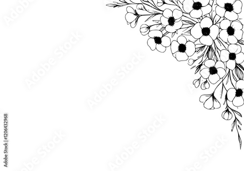 Flower illustration floral design botanical print with elegant black line art on white background