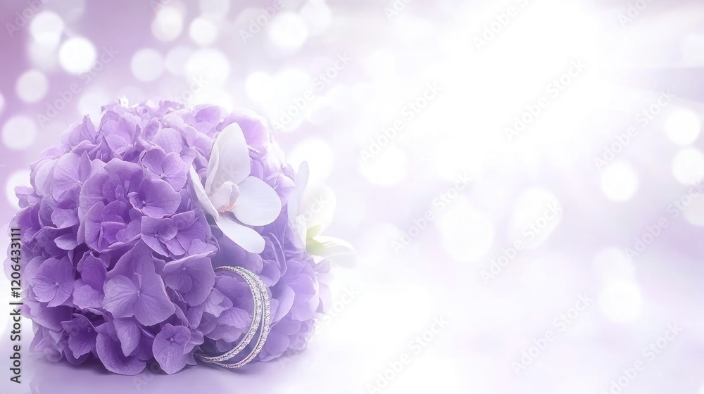 Fototapeta premium Lavender hydrangea bouquet with diamond rings on bright background.