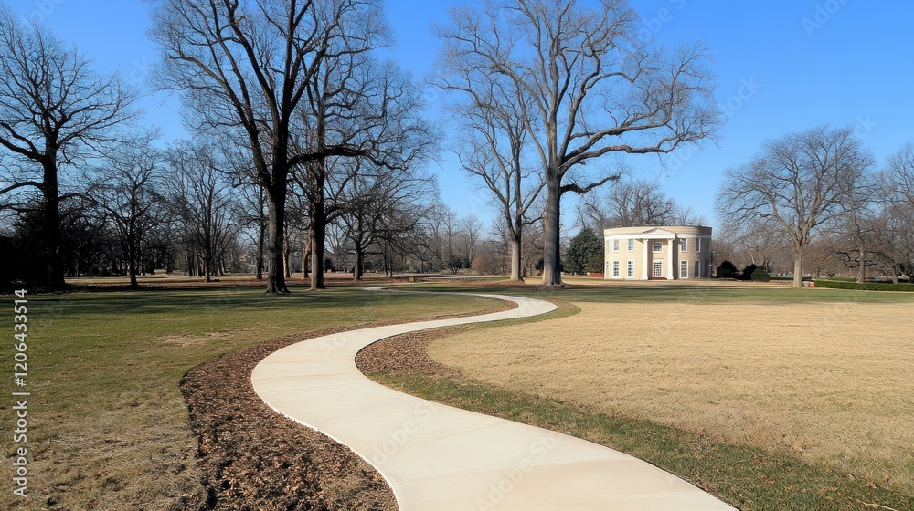 Winding path leads to historic building in park.
