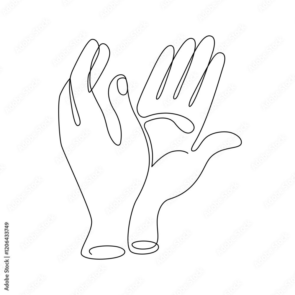 Applauding hands, drawn with continuous line in minimalism, abstract, hands clapping, applause, acclaim, bravo, prolonged ovation, delight, one line, editable vector contour