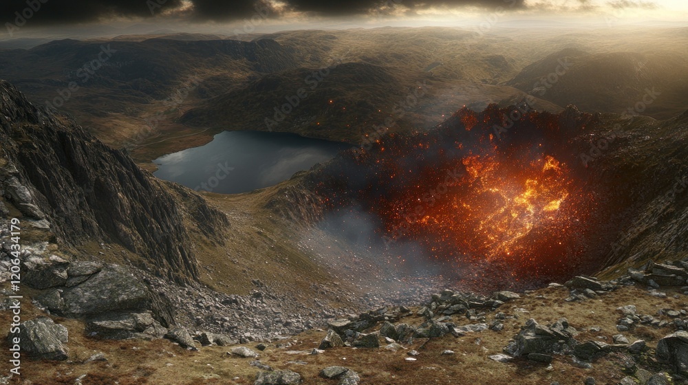 Fototapeta premium Volcanic eruption near mountain lake.