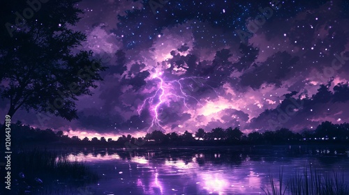 Purple Lightning Storm Illuminating Night Sky Over a Peaceful Lake photo