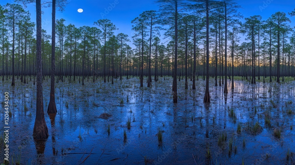 Panoramic view of a swamp at twilight with moon and cypress trees reflecting in the water. Panoramic view of a swamp at twilight with moon and cypress trees reflecting in the water.