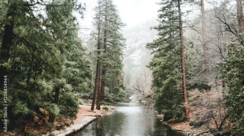 Obraz premium Serene river flowing through a misty forest, tall trees lining the banks.