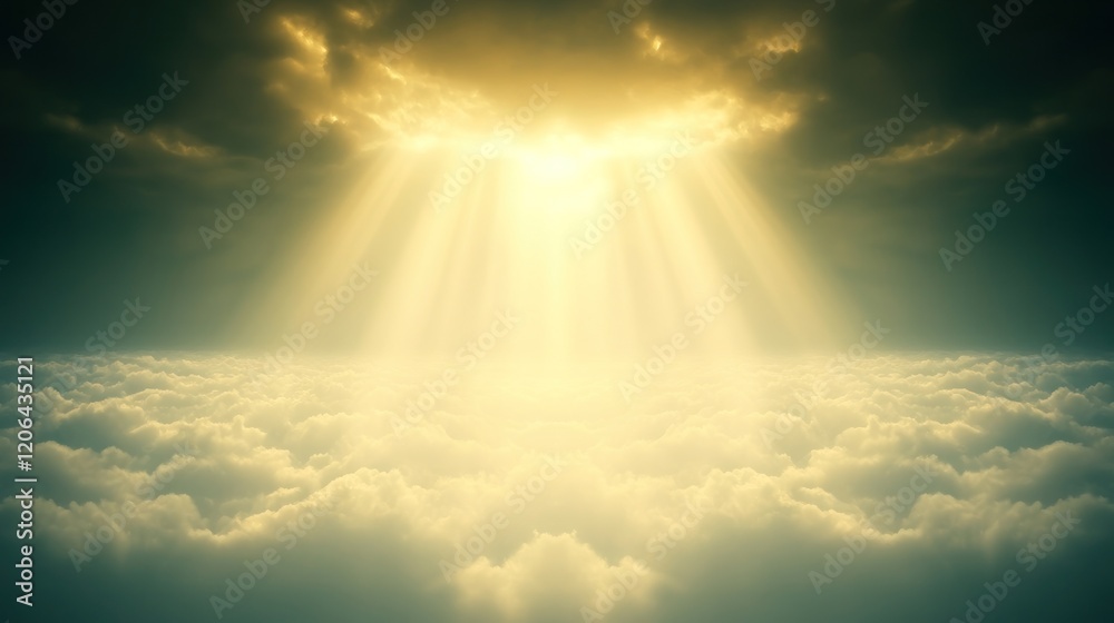 Fototapeta premium Golden light rays breaking through dark clouds above fluffy clouds.