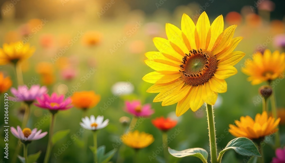 Obraz premium Vibrant sunflower blooming in a colorful flower field nature photography outdoor garden serene atmosphere