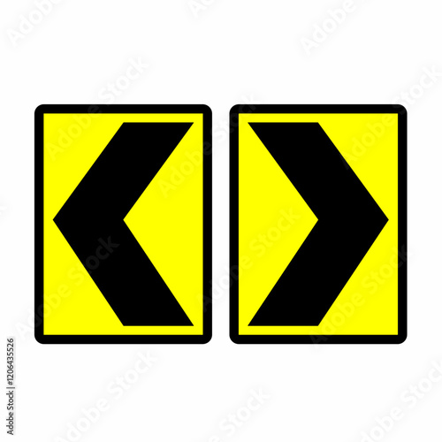 Pair of black directional chevron arrows pointing left and right on bright yellow rectangular backgrounds, bordered in black. Perfect for road traffic sign