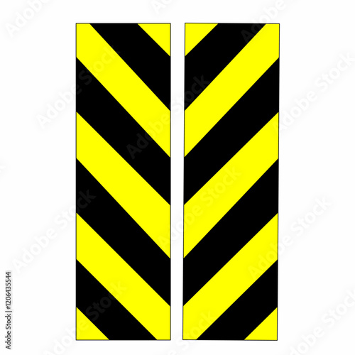 Two vertical yellow and black chevron panels with diagonal stripes, isolated on a white background. Ideal for traffic warning signs or safety-related designs