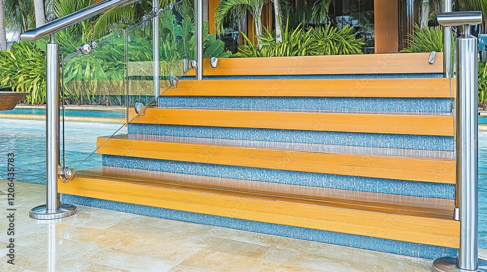 Wooden pool steps with glass railing and blue mosaic tile detail. Wooden pool steps with glass railing and blue mosaic tile detail.