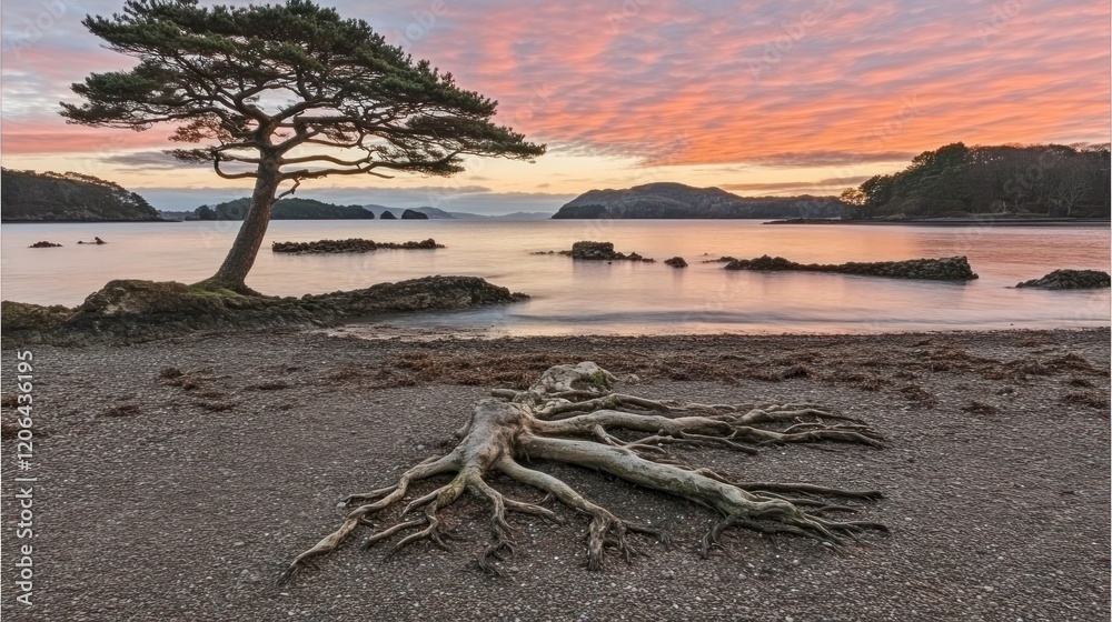 Fototapeta premium Solitary tree on beach at sunset, exposed roots in foreground, calm water.