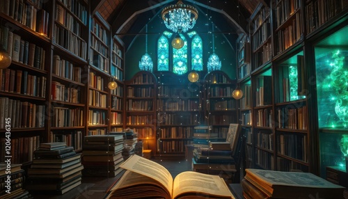 Enchanting library interior with ancient books magical atmosphere cozy environment artistic viewpoint