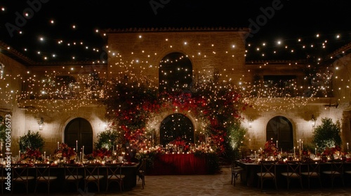 Romantic outdoor wedding reception at night with string lights, red floral arrangements, and elegant tablescape.