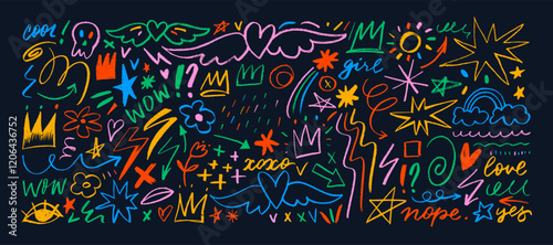 Crayon drawn colorful doodle shapes and figures for notes and design. Hand drawn scribbles, scrawls, stars, crown, curly lines in punk girly style. Childish creative various shapes, lettering.