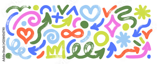 Various bold brush drawn lines, geometric figures, hearts and funky arrows. Graffiti, girly punk and hip hip styles.