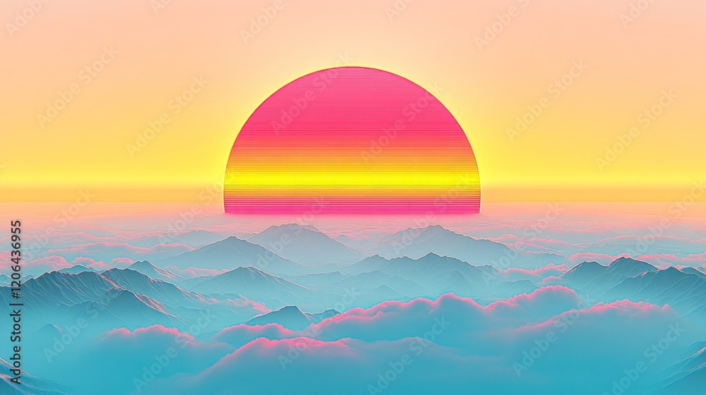Fototapeta premium Vibrant sunset over a hazy mountain range.