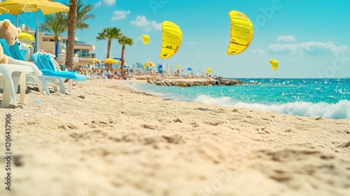 Sunny beach scene with kitesurfing in the background, sandy foreground, beach chairs and umbrellas.