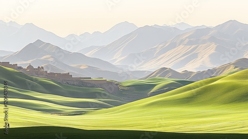 Serene landscape with rolling green hills and distant mountains, a lone figure stands in the vastness.
