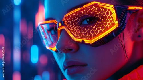 Wallpaper Mural Close-Up of Neon Futuristic Glasses with Hexagonal Design and Vibrant Glow Torontodigital.ca