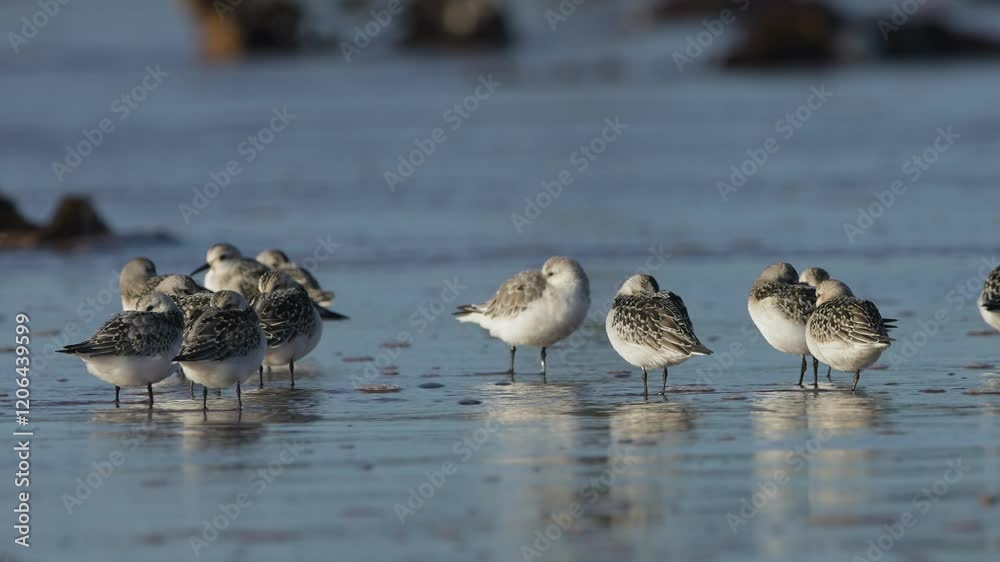 Sanderling, Calidris Alba, birds on the beach at low tide Sanderling, Calidris Alba, birds on the beach at low tide