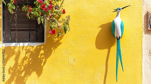 Turquoise bird sculpture on yellow wall with flowers.