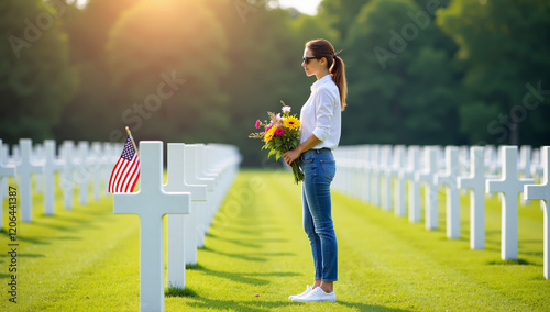 American Woman Visits Husband's Grave in Military Cemetery - Generative AI