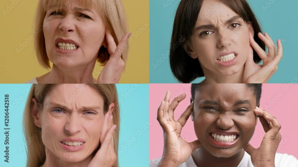 Four individuals display intense expressions of pain and discomfort against vibrant backgrounds. The collage showcases a range of emotions related to injuries or illnesses. Four individuals display intense expressions of pain and discomfort against vibrant backgrounds. The collage showcases a range of emotions related to injuries or illnesses.